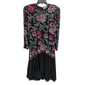 Vintage Sheer Hi-Low Dress Women Size 10 Sequins Floral Whimsigoth Glam Formal